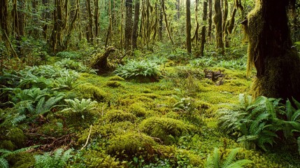 Fototapeta premium Lush green moss covers the forest floor, sunlight filters through the dense canopy of trees, creating a serene and mystical atmosphere.