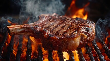 Sizzling tomahawk steak on a rustic grill, flames licking the edges with aromatic smoke swirling in dramatic chiaroscuro lighting, captured in a mouthwatering close
