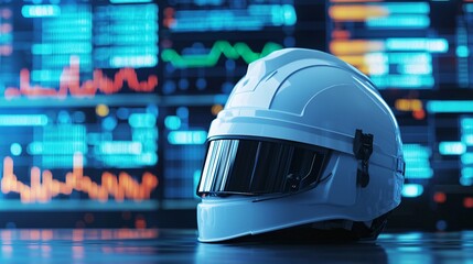 Close-Up of a White Safety Helmet with Financial Graphs in the Background, Symbolizing Workplace Safety and Economic Growth