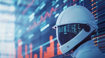 Close-Up of a White Safety Helmet Against Financial Graphs Background, Symbolizing Workplace Safety and Economic Analysis