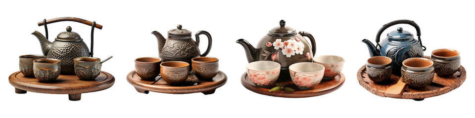 Collection Traditional Japanese teapot and cups Isolated on transparent background