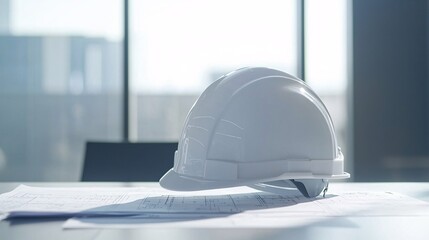 White Safety Helmet on Conference Table Surrounded by Blueprints, Symbolizing Construction Planning and Team Collaboration