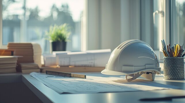 Neatly Arranged White Safety Helmet on a Clean Desk Surrounded by Blueprints and Measuring Tools in a Professional Workspace