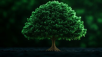 Glowing tree with numeric roots, graph branches; upward ROI trends Palette: green, gold, blue 