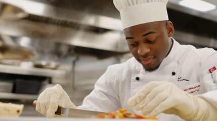 Apprentice chefs at culinary schools learn knife skills and practice food preparation, demonstrating their path to becoming professional chefs.