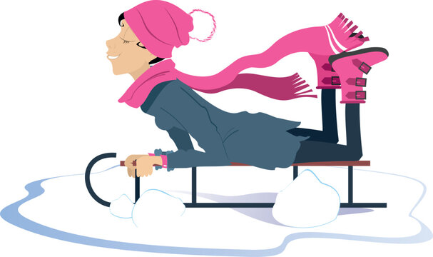 pink scarf girl sledding in winter snow clip art preview