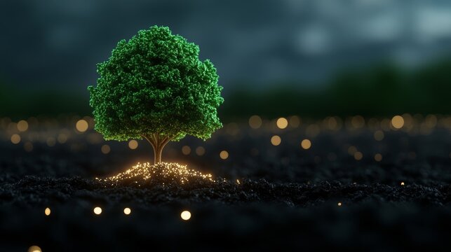 Glowing tree with numeric roots, graph branches; upward ROI trends Palette: green, gold, blue 