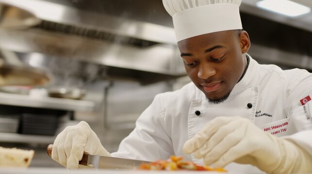 Apprentice chefs at culinary schools learn knife skills and practice food preparation, demonstrating their path to becoming professional chefs.