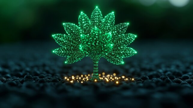 Glowing tree with numeric roots, graph branches; upward ROI trends Palette: green, gold, blue 