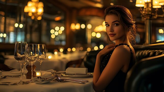 Sophisticated woman in elegant evening attire dining at an upscale French restaurant, showcasing a luxurious lifestyle in photography.