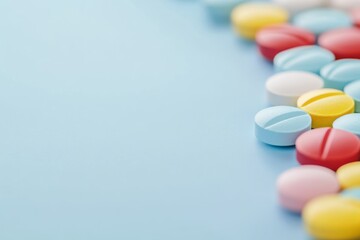 Pills on a light blue background. Multicolored vitamins with free space for text. Many different capsules. Pharmacy, chemistry. Abundance. Lots of antibiotics, drug. Herbal medicine, chemical industry