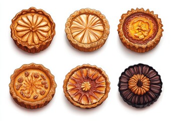 Set of delicious pie illustrations with decorative crust designs