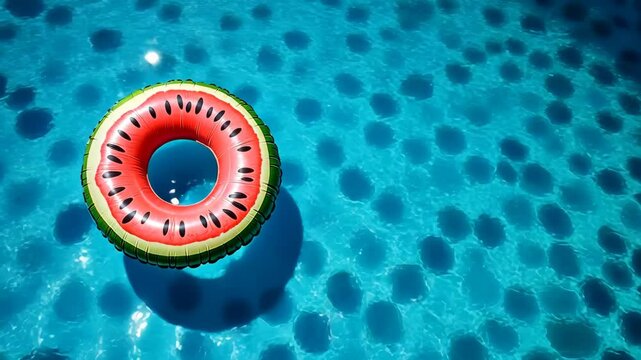 A watermelon-shaped inflatable ring floats in a blue pool on a sunny day