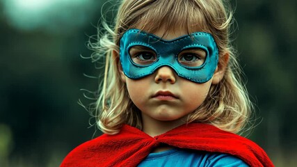A young girl wearing a blue mask and red cape looks intently at the camera, her serious expression suggesting she's ready for action