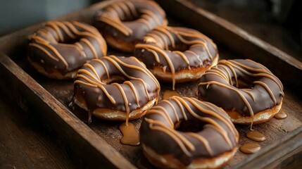 Six chocolate glazed donuts with caramel drizzle on a rustic wooden tray.