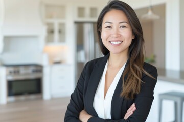 Obraz premium Smiling Asian woman real estate agent posing in modern bright kitchen