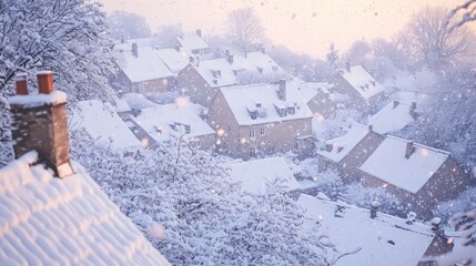 Snowy rooftops of a village with falling snowflakes, a picturesque winter scene.