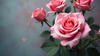 Fototapeta premium Delicate pink roses with soft green leaves create a romantic atmosphere in a serene indoor setting during daylight