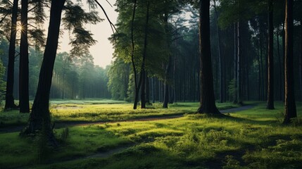 Obraz premium Green grass and tall trees in a summer forest at dusk