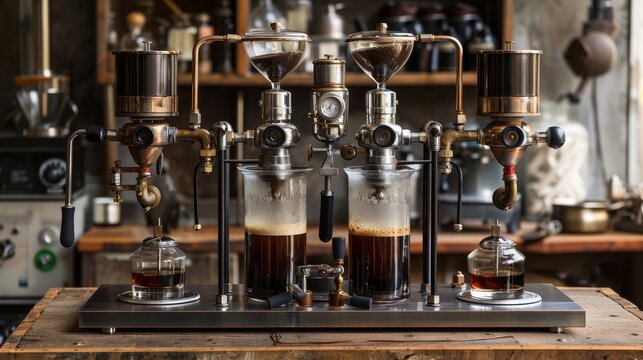 Vintage coffee brewing equipment in rustic cafe setting.