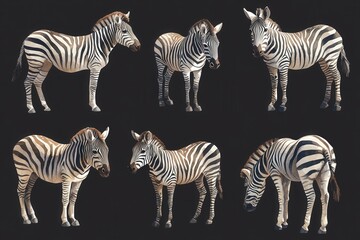 Fototapeta premium A detailed illustration of zebras in various poses against a dark background.