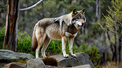 Fototapeta premium A northwestern wolf stands confidently on a rock ai