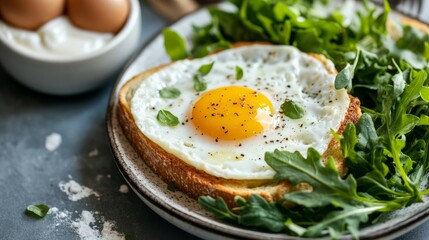 Healthy breakfast spread with eggs, toast, and greens