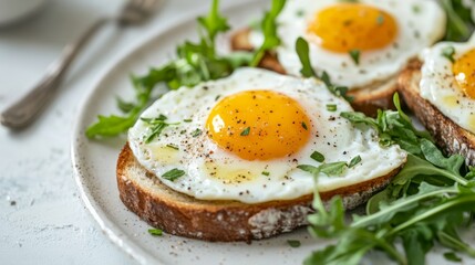 Healthy breakfast spread with eggs, toast, and greens