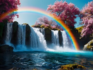 Fototapeta premium A Serene Waterfall Nestled Amongst Vibrant and Colorful Flora in Natures Beauty