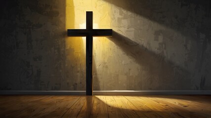 Naklejka premium Black wooden cross in praying room, Christian church interior. with light coming out from window.