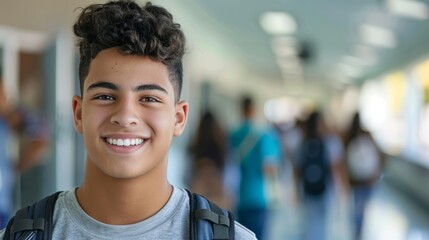 High school student with a cheerful face walking to class