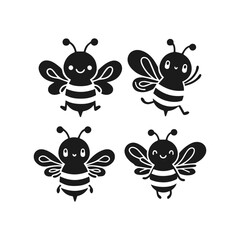 Set of bees silhouettes and bee cartoon  icons isolated on white background.	