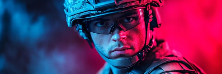 Soldier in AR helmet analyzing tactics, cool-toned palette preferred 