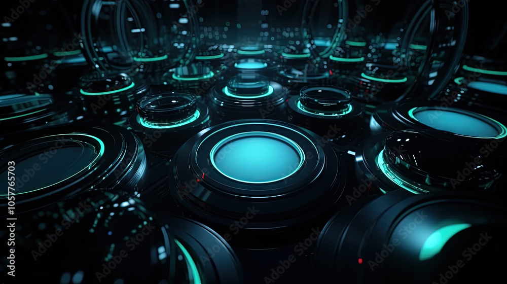 Poster Technology abstract background with hud styled round interface elements in neon tech light.