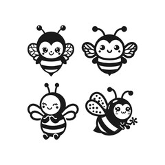 Set of bees silhouettes and bee cartoon  icons isolated on white background.	