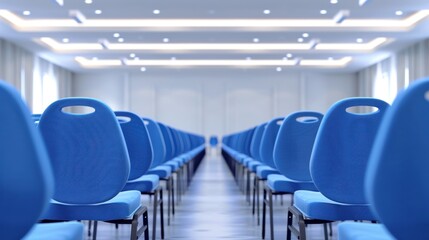 Empty modern conference hall with rows of blue chairs and bright lighting