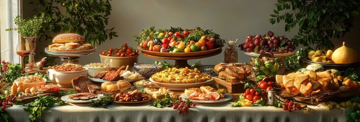 A bountiful spread of food on a table, featuring fresh produce and cooked dishes.