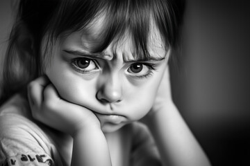 A young girl gazes with a contemplative expression, resting her chin on her hands. The lighting casts gentle shadows, emphasizing her curiosity and emotions in the quiet space. Generative AI