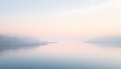 Fototapeta premium Calm misty lake reflecting soft pastel colors of the sky at dawn with serene mountains 