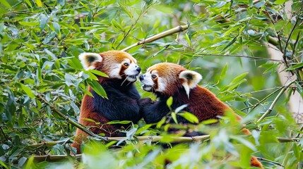 Fototapeta premium Two red pandas sitting on a bamboo branch, looking at each other, in a lush green forest.