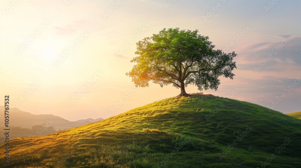 Poster Isolated tree on hilltop during golden hour with soft light and spacious background