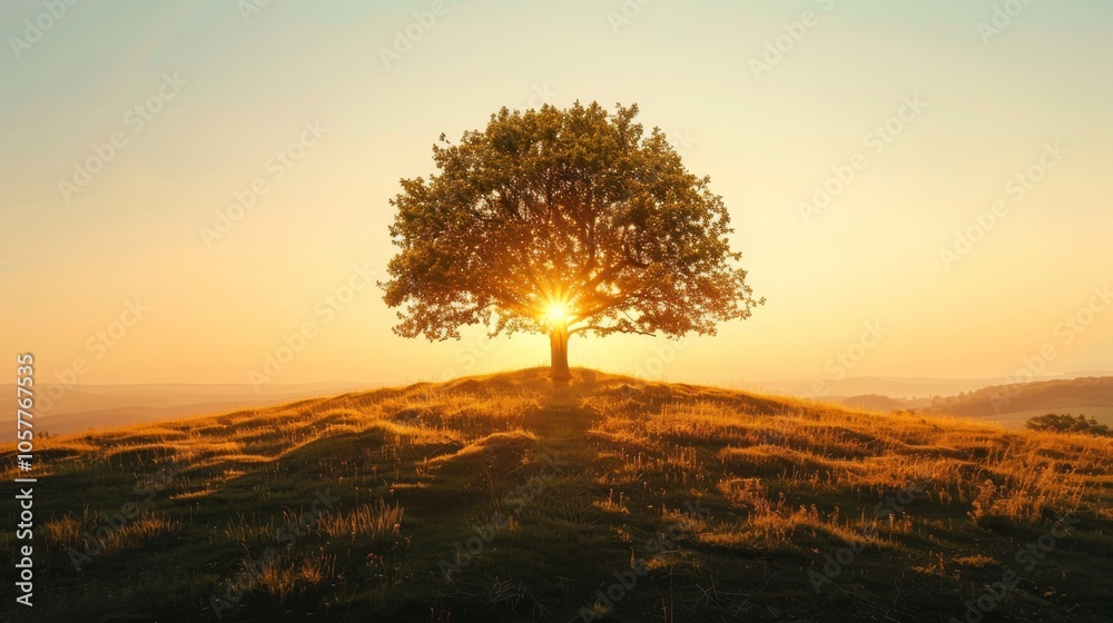 Poster isolated tree on hilltop during golden hour with soft light and spacious background