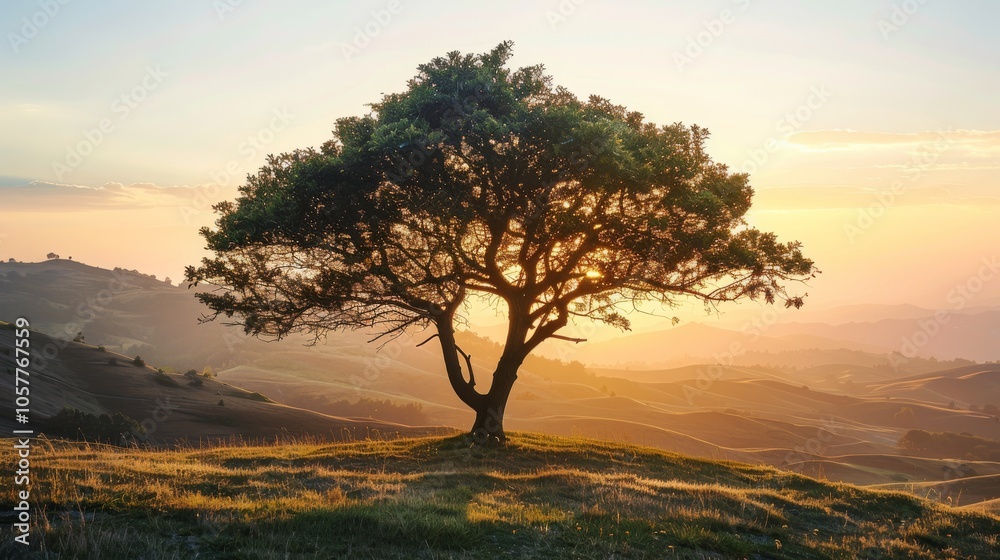 Aufkleber Isolated tree on hilltop during golden hour with soft light and spacious background