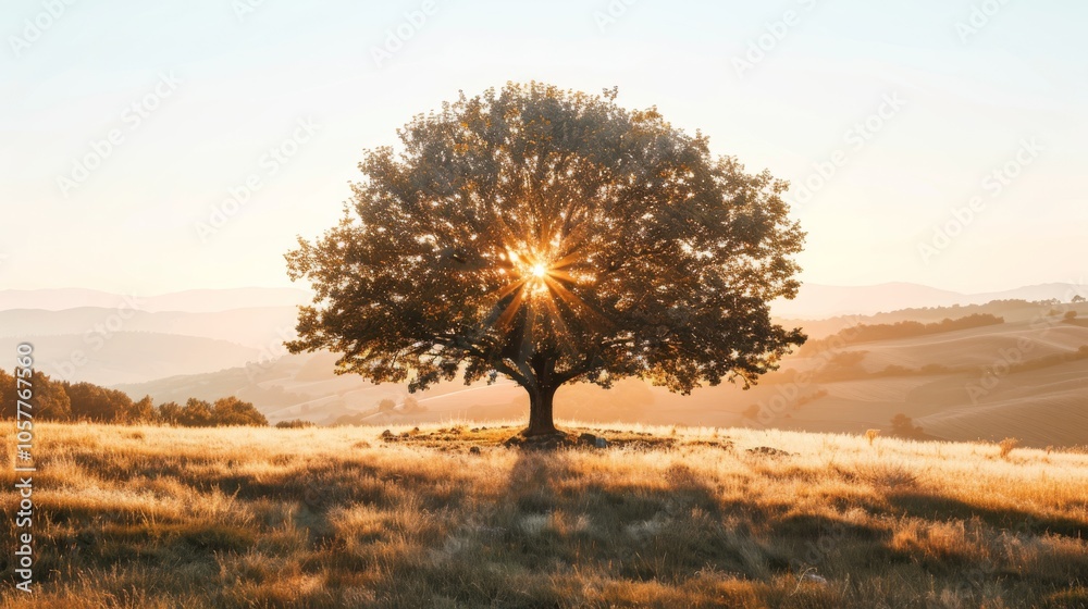 Poster isolated tree on hilltop during golden hour with soft light and spacious background