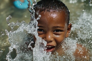 Fototapeta premium Joyful splash: child's excited face in water, capturing summer fun and playful expression