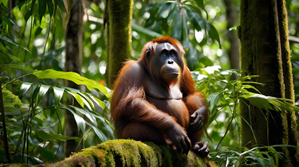 Obraz premium A Bornean orangutan is sitting calmly on a thick tree trunk in the middle of a dense tropical forest ai