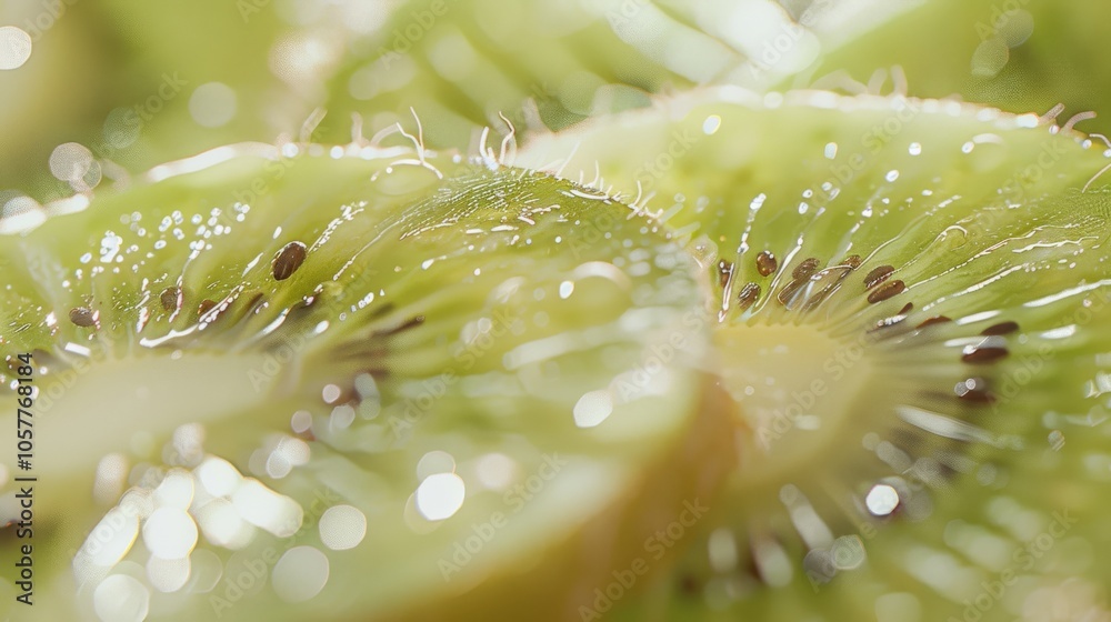 Poster kiwi fruit cut into quarters with soft and fuzzy skin visible
