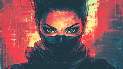 Cyberpunk female ninja character portrait with mysterious aura. Cyborg Assassin. Illustration