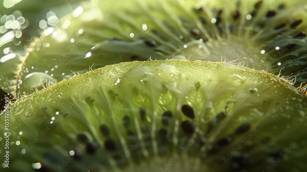 Poster kiwi fruit cut into quarters with soft and fuzzy skin visible
