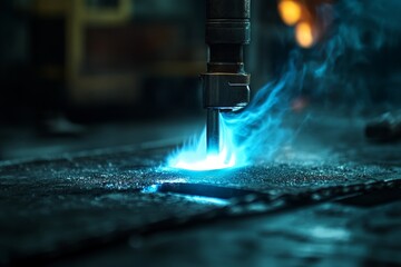 Intense metal cutting scene with blue flame in industrial workshop - Powered by Adobe